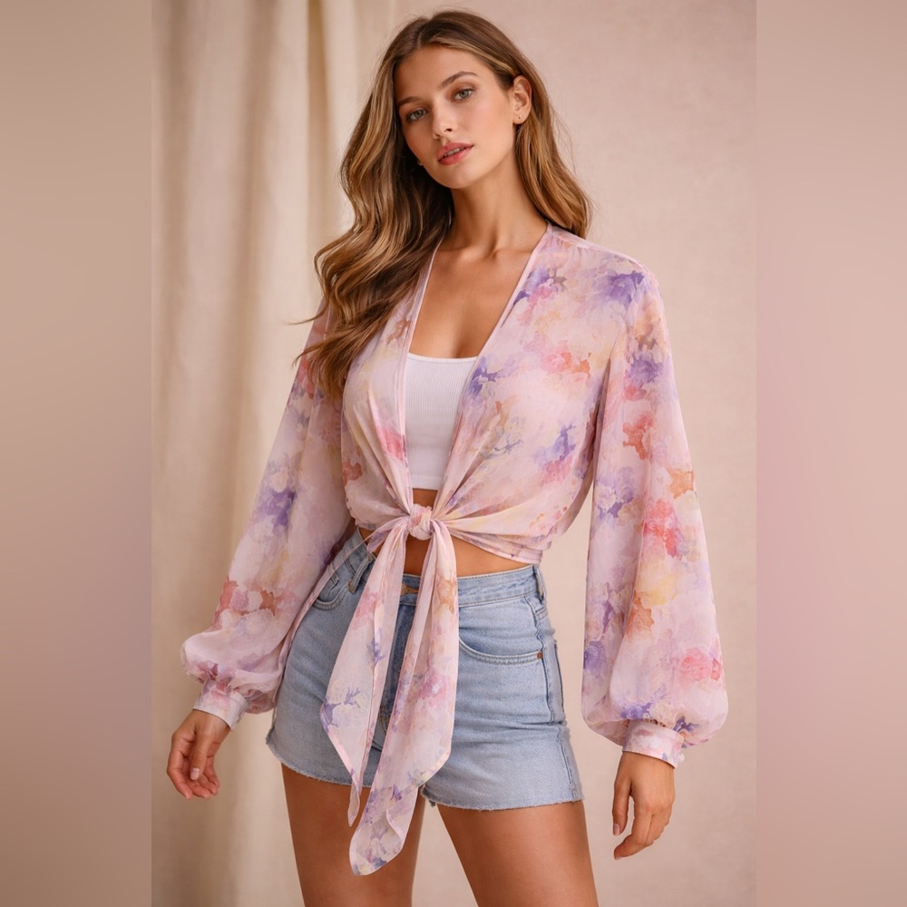 Project Soma Floral Tie-Front Sheer Blouse S/M Made in Greece